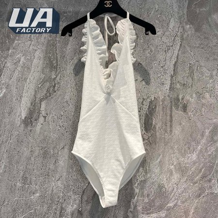 Chanel White Falbala One-Piece Swimsuit