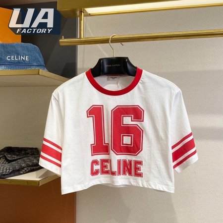 Celine 16 Cropped T-Shirt In Cotton Jersey Off White/Red Intense