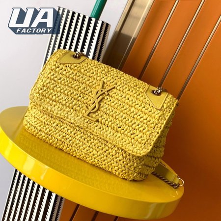 Saint Laurent Niki Raffia Logo Plaque Shoulder Bag