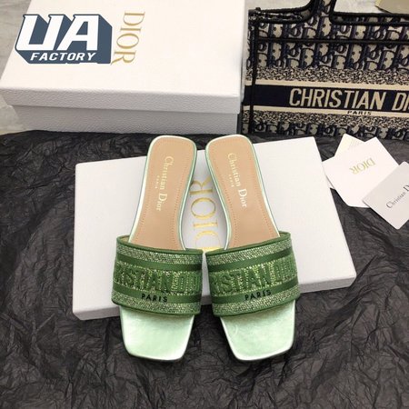 Dior Dway Heeled Slide Green Cotton Embroidered with Metallic Thread and Strass