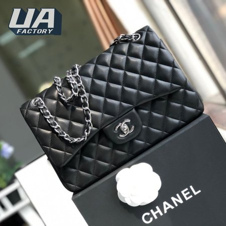 Chanel Classic Double Flap Quilted Lambskin Silver-tone Jumbo Black