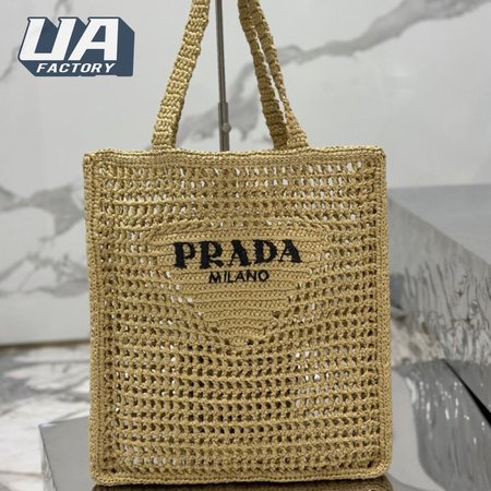 Prada Logo-Print Raffia Tote