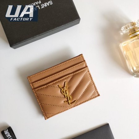 Saint Laurent Card Holder Monogram Quilted Textured Leather Vintage Peach