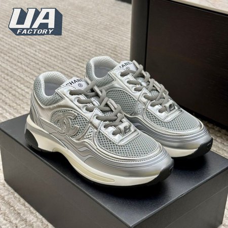 Chanel 23C Gray Silver Metallic CC Logo Lace Up Flat Runner Trainer Sneaker