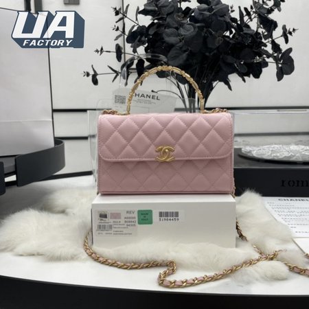 Chanel Enamel Top Handle Phone Holder Pink Lambskin Antique Gold Hardware