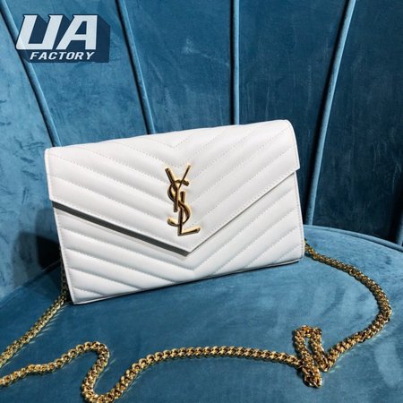 Saint Laurent MONOGRAM Grain Textured Jacquard Leather Chain Crossbody Bag White