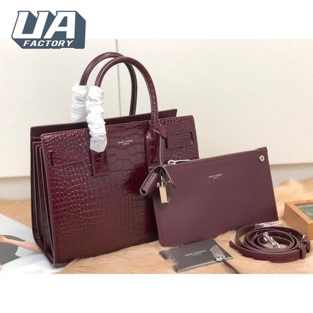 Saint Laurent Calfskin Crocodile Embossed Baby Sac De Jour Bordeaux
