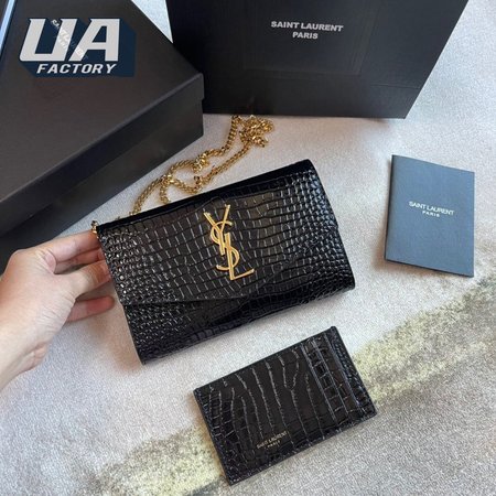 Saint Laurent Cassandre Phone Holder With Strap In Shiny Crocodile-Embossed Leather