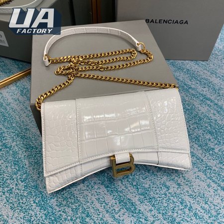 Balenciaga Hourglass Wallet On Chain Crocodile Embossed In White 9016