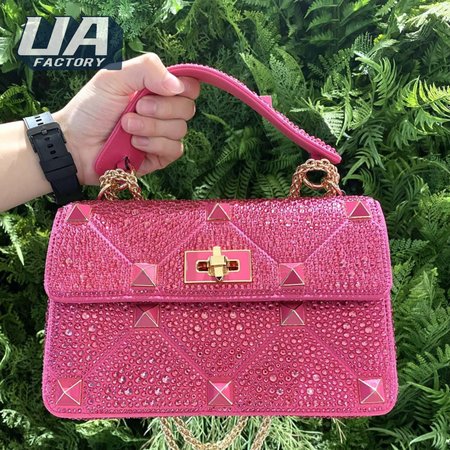 Valentino Medium Roman Stud The Shoulder Bag Chain With Sparkling Embroidery Pink