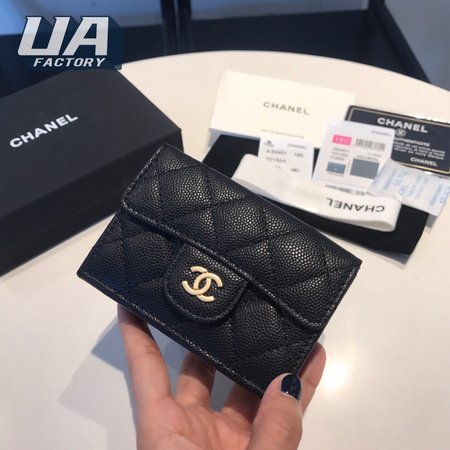Chanel Card Holder Quilted Caviar Gold-tone Black