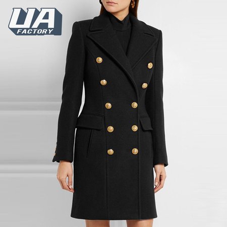 Balmain Black Double Breasted Gold Button Wool Coat