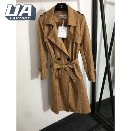 Dior Logo Print Tie-Waist Lapel Long-Sleeved Suede Trench Coat Jacket