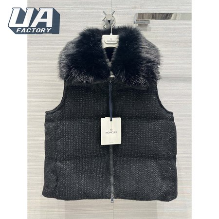 Moncler Carrelet Fur-Collar Tweed Vest Black Women's
