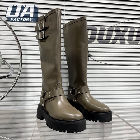 Celine Bulky Biker High Boot In Calfskin Khaki/Silver