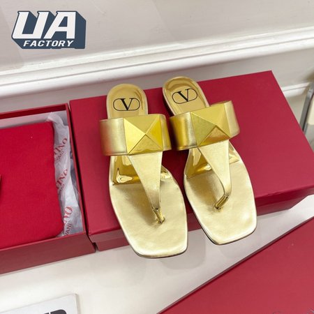Valentino One Stud Metallic Nappa Flat Thong Sandal Antique Brass 35-39