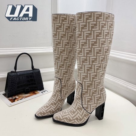 Fendi Cut High-Heeled Dove Gray FF Chenille Boots 35-39